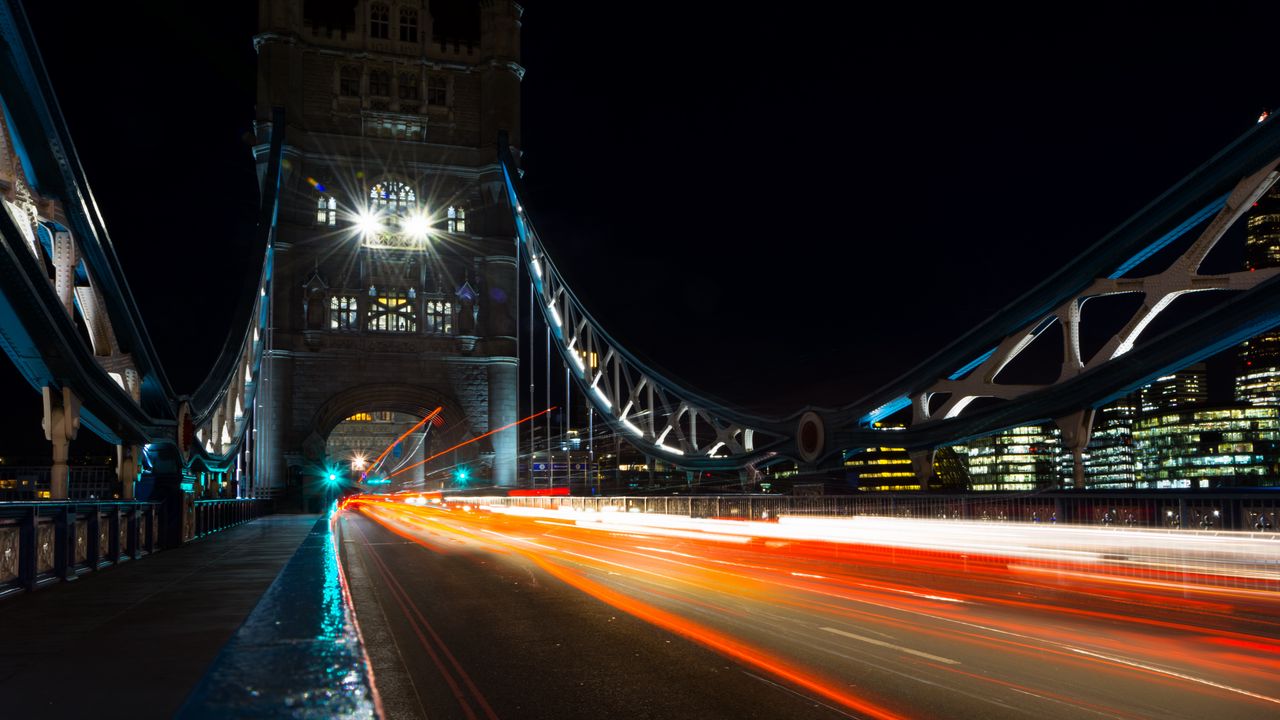 Wallpaper night city, bridge, long exposure, city lights, london
