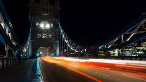 Preview wallpaper night city, bridge, long exposure, city lights, london
