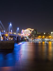 Preview wallpaper night city, bridge, river, architecture, lights, reflection