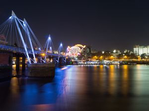 Preview wallpaper night city, bridge, river, architecture, lights, reflection
