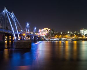 Preview wallpaper night city, bridge, river, architecture, lights, reflection