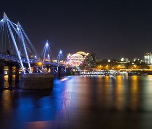 Preview wallpaper night city, bridge, river, architecture, lights, reflection
