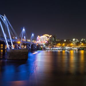 Preview wallpaper night city, bridge, river, architecture, lights, reflection