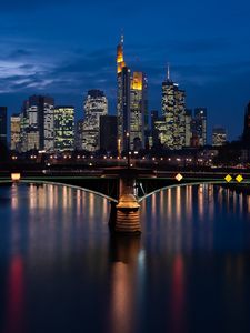 Preview wallpaper night city, bridge, river, buildings, architecture, lights