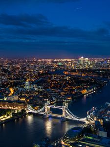 Preview wallpaper night city, bridge, river, aerial view