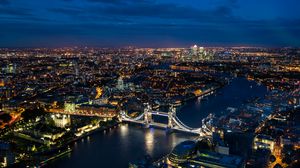 Preview wallpaper night city, bridge, river, aerial view