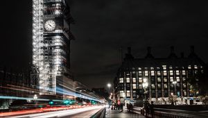 Preview wallpaper night city, building, architecture, long exposure, night, london