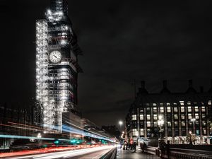 Preview wallpaper night city, building, architecture, long exposure, night, london