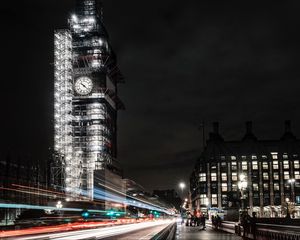 Preview wallpaper night city, building, architecture, long exposure, night, london