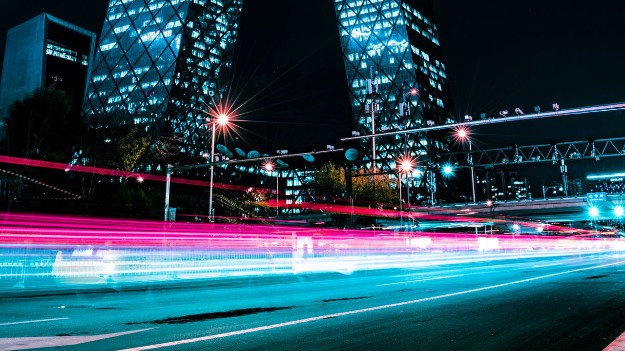 Wallpaper night city, building, architecture, lights, long exposure