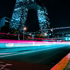 Preview wallpaper night city, building, architecture, lights, long exposure