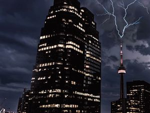 Preview wallpaper night city, building, lights, lightning