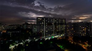 Preview wallpaper night city, building, lights, apartments