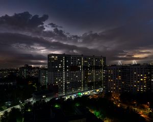 Preview wallpaper night city, building, lights, apartments