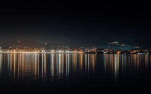 Preview wallpaper night city, building, lights, reflection, water