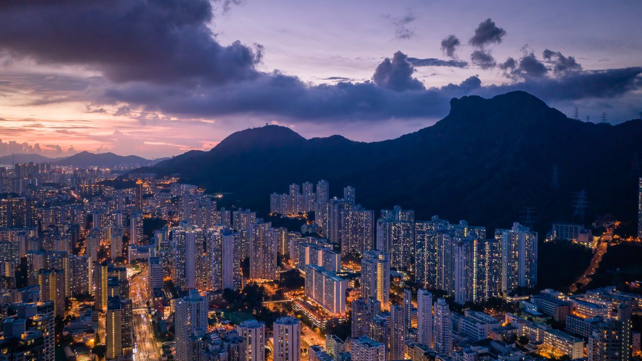 Wallpaper night city, building, lights, mountains