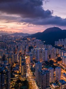 Preview wallpaper night city, building, lights, mountains