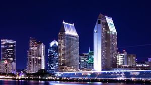 Preview wallpaper night city, building, long exposure, water