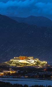 Preview wallpaper night city, building, night, mountains
