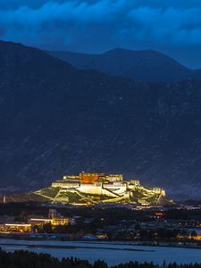 Preview wallpaper night city, building, night, mountains