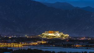 Preview wallpaper night city, building, night, mountains