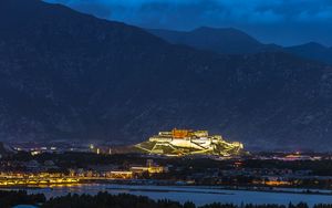 Preview wallpaper night city, building, night, mountains