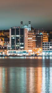 Preview wallpaper night city, building, river, reflection, lights