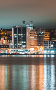 Preview wallpaper night city, building, river, reflection, lights