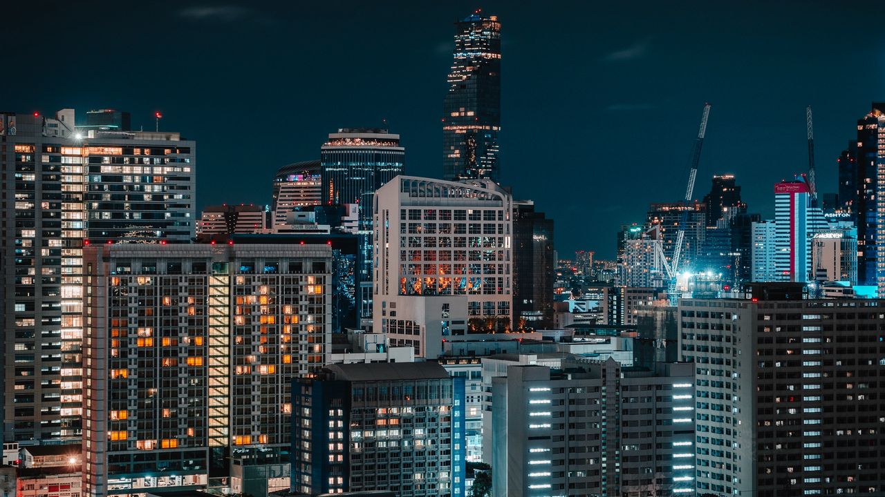 Wallpaper night city, buildings, aerial view, dark, lights