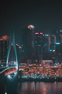 Preview wallpaper night city, buildings, aerial view, skyscrapers, bridge, lights