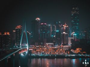 Preview wallpaper night city, buildings, aerial view, skyscrapers, bridge, lights