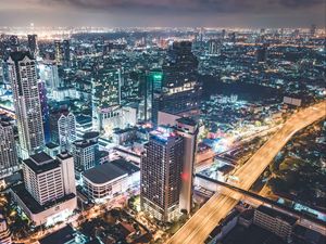 Preview wallpaper night city, buildings, aerial view, lights, metropolis