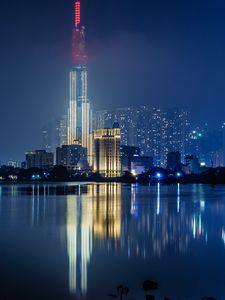 Preview wallpaper night city, buildings, architecture, water, reflection