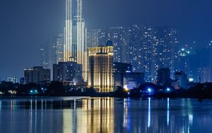 Preview wallpaper night city, buildings, architecture, water, reflection