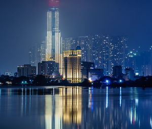 Preview wallpaper night city, buildings, architecture, water, reflection