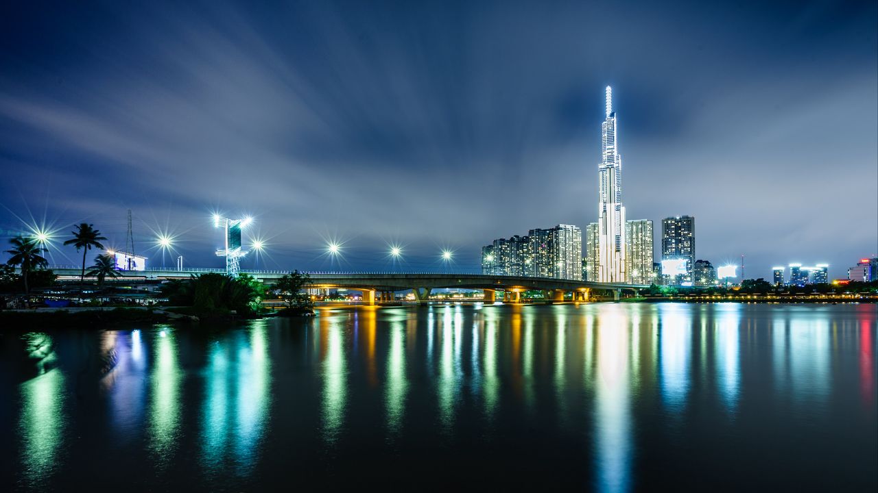 Wallpaper night city, buildings, architecture, river, lights