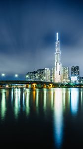 Preview wallpaper night city, buildings, architecture, river, lights