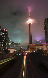 Preview wallpaper night city, buildings, architecture, lights, railroad