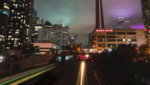 Preview wallpaper night city, buildings, architecture, lights, railroad