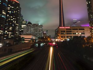 Preview wallpaper night city, buildings, architecture, lights, railroad