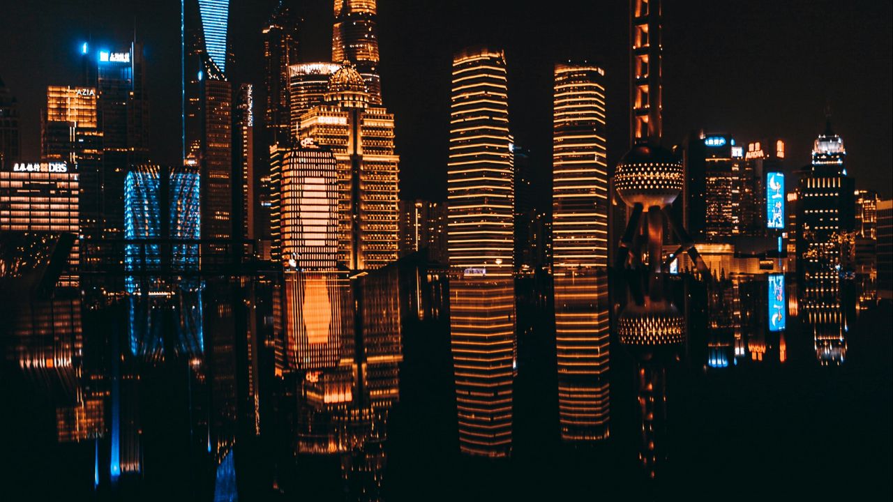 Wallpaper night city, buildings, architecture, dark, reflection
