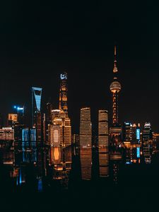 Preview wallpaper night city, buildings, architecture, dark, reflection