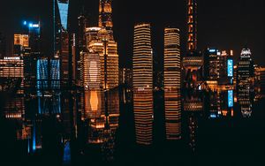 Preview wallpaper night city, buildings, architecture, dark, reflection