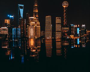 Preview wallpaper night city, buildings, architecture, dark, reflection