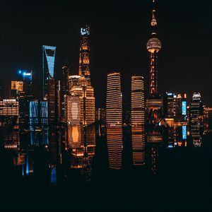 Preview wallpaper night city, buildings, architecture, dark, reflection