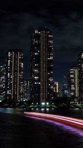 Preview wallpaper night city, buildings, architecture, lights, dark, coast