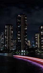 Preview wallpaper night city, buildings, architecture, lights, dark, coast