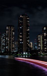 Preview wallpaper night city, buildings, architecture, lights, dark, coast