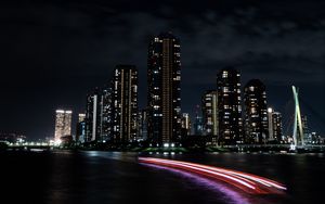 Preview wallpaper night city, buildings, architecture, lights, dark, coast