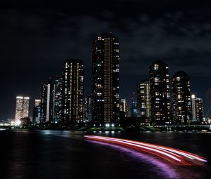 Preview wallpaper night city, buildings, architecture, lights, dark, coast